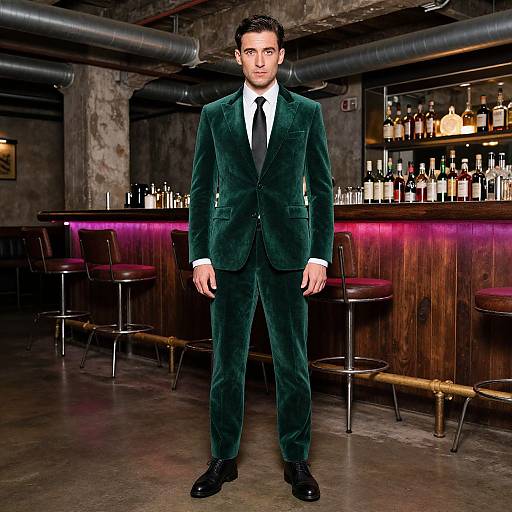 Photograph of a serious young man in a dark green velvet suit, white shirt, and black tie, standing in a dimly lit, industrial-style