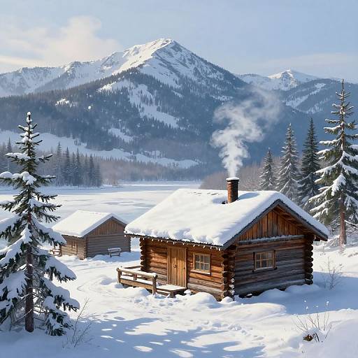 Photograph of a snowy mountain landscape with a wooden cabin emitting steam, surrounded by snow-covered pine trees and a bright blue sky.