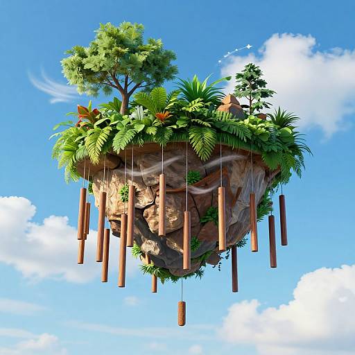 Digital art of a floating rock island with lush greenery, tall wooden cylinders, and a clear blue sky background.