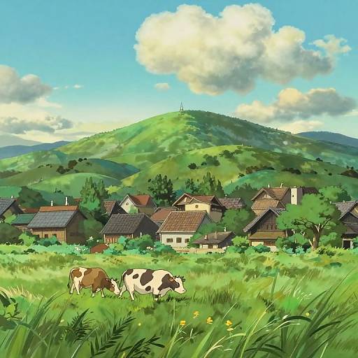 Digital anime-style countryside scene: Two black-and-white cows graze in a lush green meadow, with a village of quaint houses and a green hill