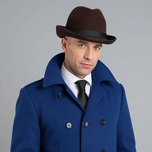 Photograph of a light-skinned man with brown hair in a dark brown fedora, wearing a blue coat, white shirt, and black tie,