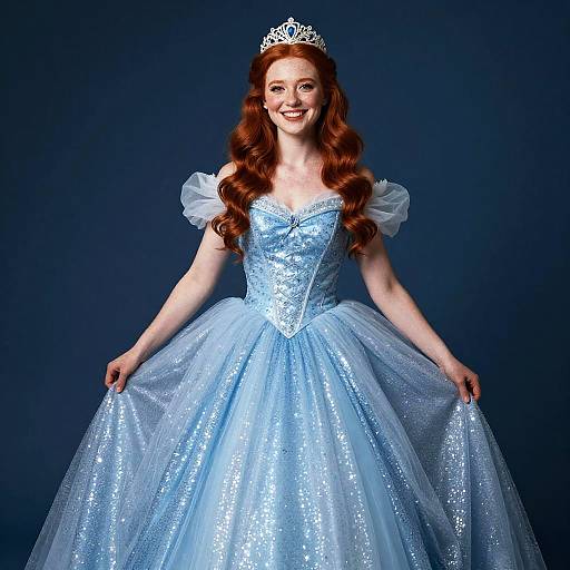 Photograph of a smiling red-haired woman in a sparkly, light blue princess gown with a tiara, dark blue background, elegant and fairyt