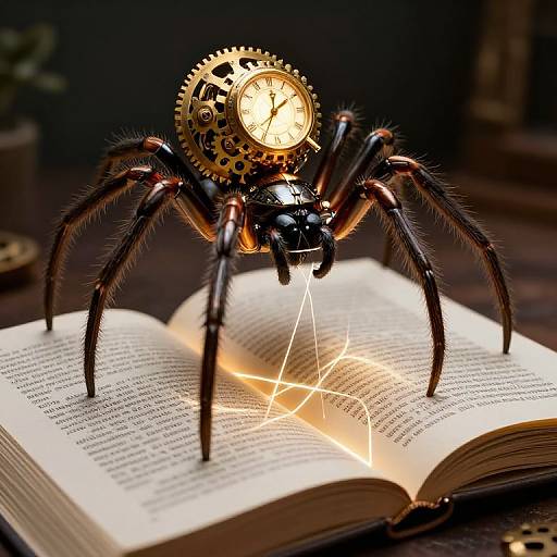 Photograph of a steampunk spider with a clock gear head, standing on an open book emitting glowing lines, against a dark background.
