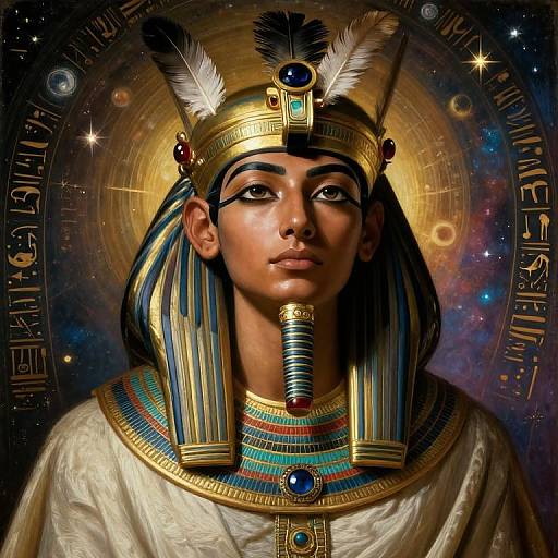 Digital art of an Egyptian deity with dark skin, striped headdress, feathered crown, blue-and-gold necklace, and celestial background. Golden halo