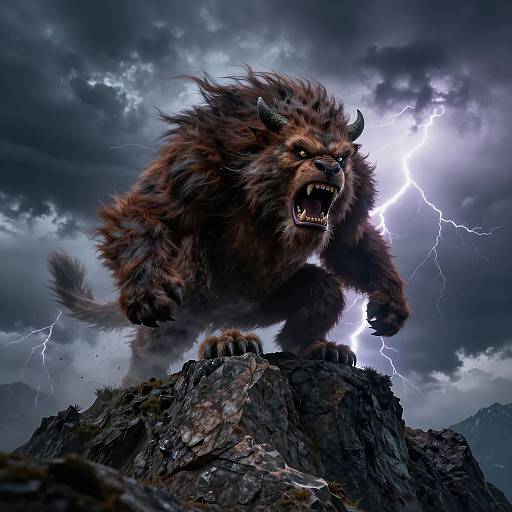 Digital artwork of a fierce, dark-furred, snarling werewolf with glowing eyes and sharp teeth, standing on a rocky peak amid a storm