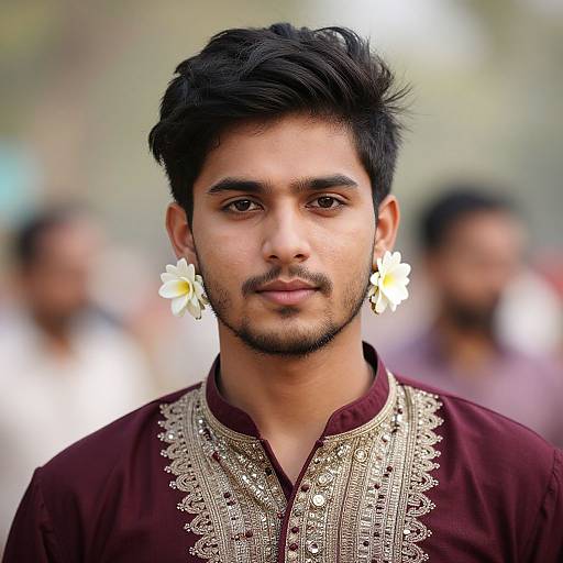 Photograph of a young Indian man with medium brown skin, black hair, trimmed beard, wearing a maroon sherwani with gold embroidery, and