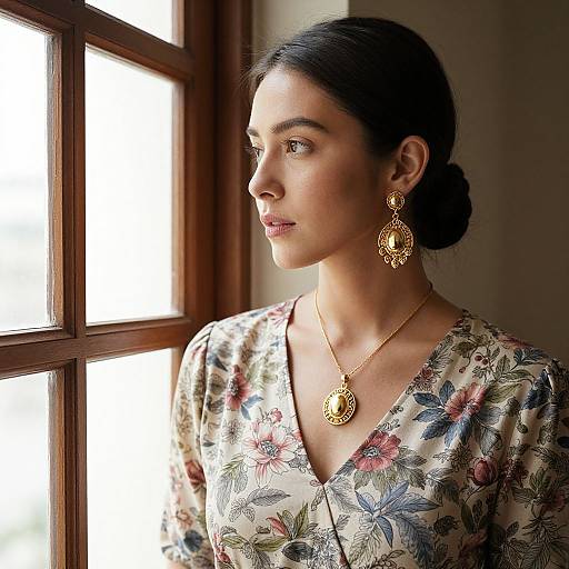Photograph of a young South Asian woman with dark hair in a bun, wearing a floral blouse, gold pendant earrings, and necklace, gazing out