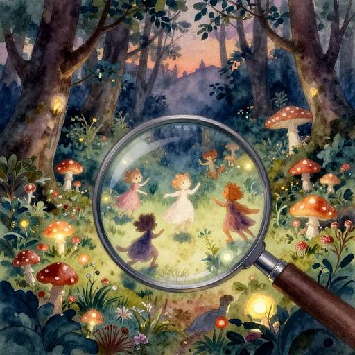 Magical forest painting with a magnifying glass revealing fairies and a squirrel, surrounded by glowing mushrooms, fireflies, and twilight trees.