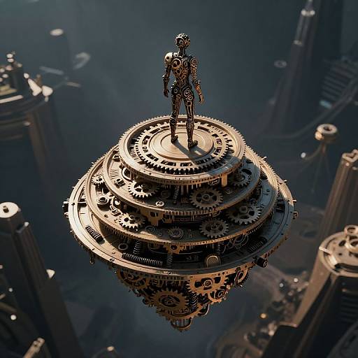 CGI image of a steampunk-style robot standing on a detailed, gear-filled, floating platform above a futuristic cityscape. Dark, moody
