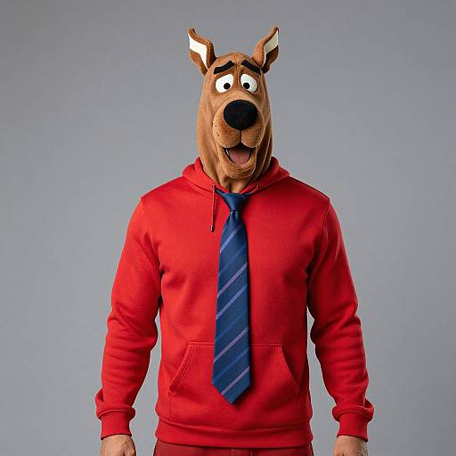 Photograph of a cartoon-style anthropomorphic dog wearing a bright red hoodie and blue striped tie, standing against a plain gray background.