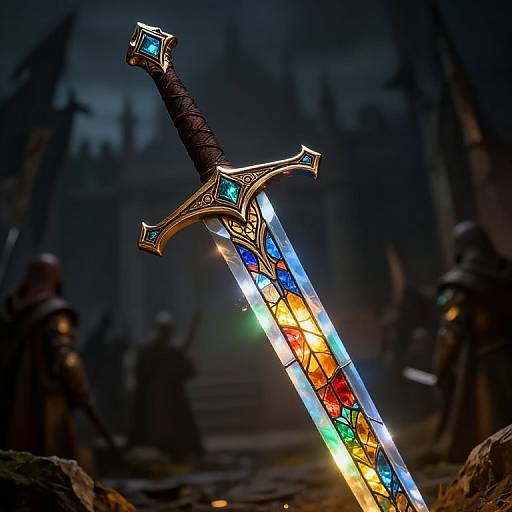 Photograph of a brightly illuminated, ornate sword with colorful stained glass patterns, standing upright in a dark, foggy, medieval battlefield.