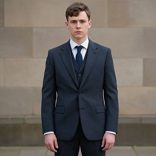 Photograph of a young white man with short brown hair, wearing a black three-piece suit, white shirt, and black tie, standing against a stone