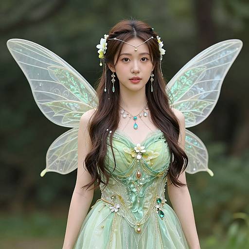 Photograph of an Asian woman with long dark hair, wearing a green fairy dress, transparent wings, and flower crown, standing in a forest.