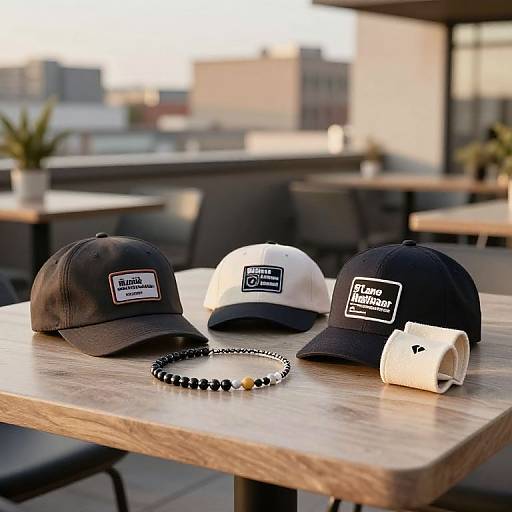 Photograph of three baseball caps (two black, one white) with 