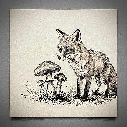 Elegant Fox with Wild Mushrooms Ink Art
