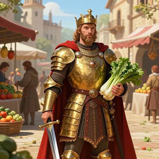 Photorealistic digital artwork of a bearded king in golden armor and red cloak, holding a bunch of leafy vegetables in a bustling medieval marketplace.