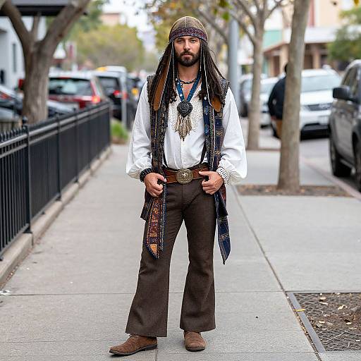 Photograph of a bearded man with long dreadlocks, wearing a brown beret, white shirt, brown pants, and colorful beaded vest,
