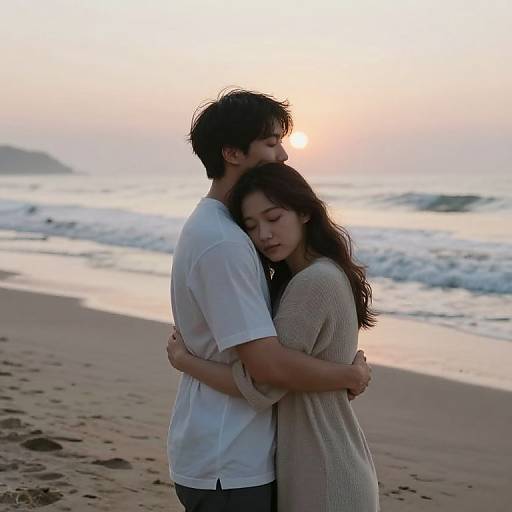 Photograph of a couple embracing on a beach at sunset, with the man in a white shirt and the woman in a beige sweater, standing close to