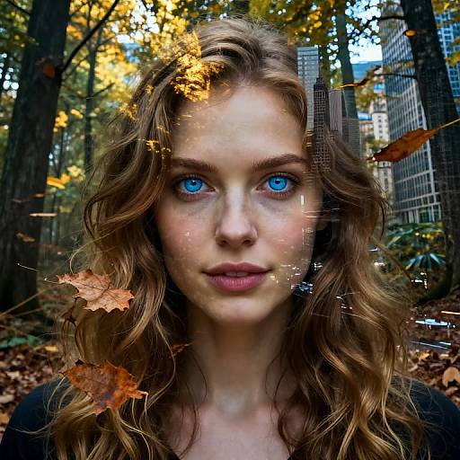 Photograph of a young woman with vivid blue eyes, wavy brown hair, and fair skin, surrounded by autumn leaves and city skyscrapers in