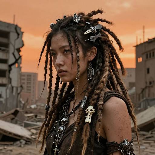 Photograph of a young woman with dreadlocks adorned with metal accessories, skull pendants, and earrings, standing in a ruined urban landscape at sunset.