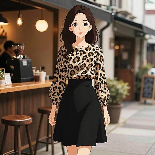 Chic Woman in Animal Print at Coffee Bar