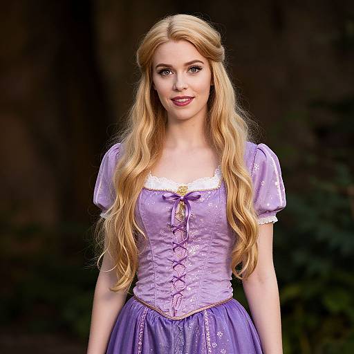 Photorealistic digital portrait of a blonde woman with long wavy hair, wearing a lavender, puffed-sleeve, medieval-style dress with lace