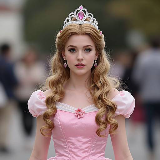 Photograph of a young woman with long, wavy blonde hair, wearing a pink princess dress, tiara, and pink earrings, standing outdoors with