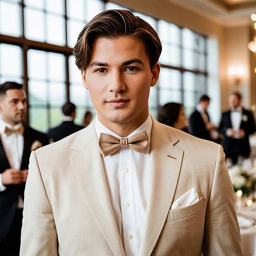 Handsome young man in beige suit at formal event
