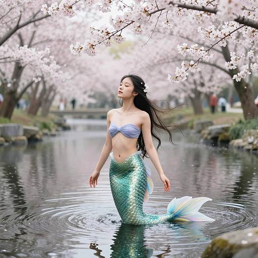 Asian Mermaid in Dreamy Cherry Blossom Lagoon