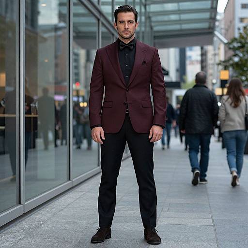 Photograph of a handsome, dark-haired man in a maroon blazer and black trousers standing confidently on a city sidewalk, with glass buildings and pedestrians