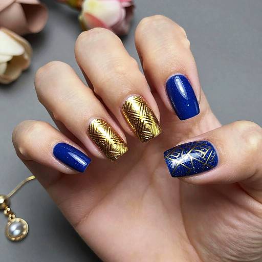 Luxury Gold and Blue Geometric Nails