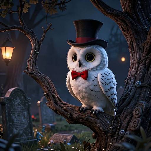 CGI image of a white owl with big eyes, wearing a black top hat and red bow tie, perched on a twisted tree in a dark