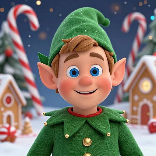 CGI image of a cheerful, blue-eyed elf with rosy cheeks, green hat, and coat, set against a snowy, candy-cane-filled