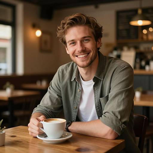 Smiling Man in Cozy Coffee Shop