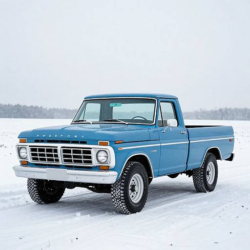 Photograph of a vintage blue Ford pickup truck with large off-road tires, parked on a snowy landscape, with a clear, white sky in the background