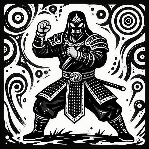 Black and white digital drawing of a samurai in a dynamic fighting stance, wearing a helmet with a fierce grin, surrounded by abstract circular patterns. Bold