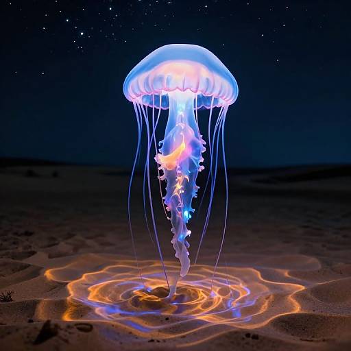 Photograph of a glowing blue and purple jellyfish with long tentacles, illuminated by its own light, casting an orange glow on a dark sandy ocean