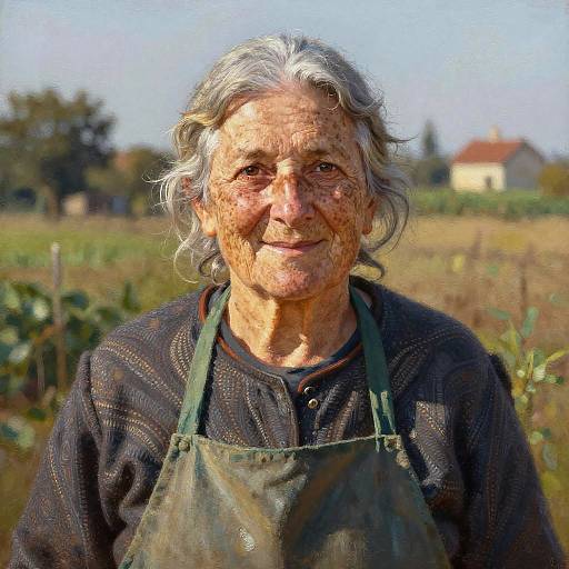 Photograph of an elderly woman with wavy gray hair, wrinkled face, wearing a black shirt and green apron, standing in a sunlit
