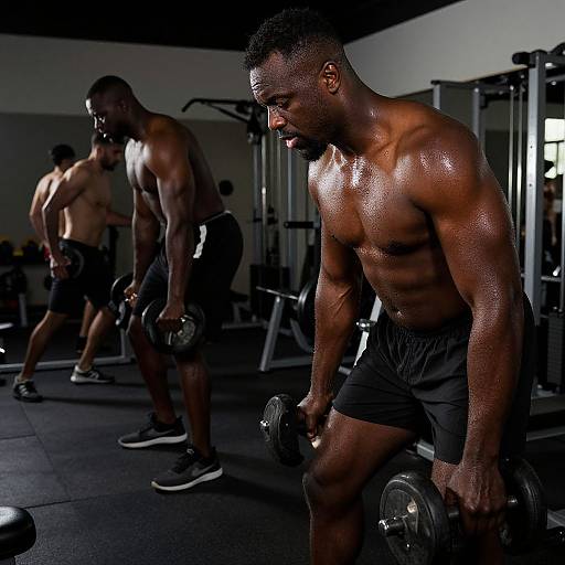 Photograph of three muscular, shirtless Black men with glistening, sweat-covered skin, lifting dumbbells in a dimly lit gym. They