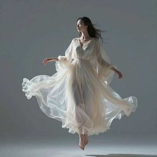 Photograph of a woman with long dark hair, wearing a flowing white, translucent dress, barefoot, mid-air, illuminated from below, against a
