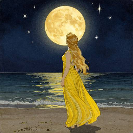 Digital painting of a blonde woman in a flowing yellow dress, facing a bright full moon over a dark ocean.