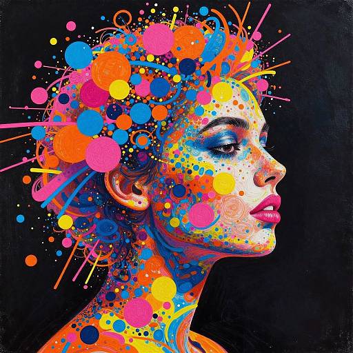 Vibrant digital portrait of a woman with colorful paint splatters on her face and head, set against a black background. Bright pink, orange,