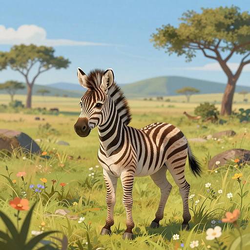 Colorful Baby Zebra in Flowering Savannah
