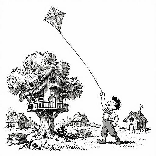 Whimsical Kite Flight Over Treehouse