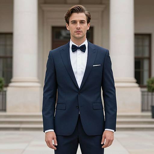 Photograph of a handsome young man with medium-length brown hair, wearing a dark navy suit, white shirt, and black bow tie, standing in front