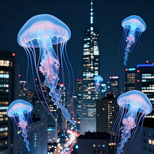 Photograph of glowing blue jellyfish floating in a night cityscape with illuminated skyscrapers, creating a mesmerizing contrast.