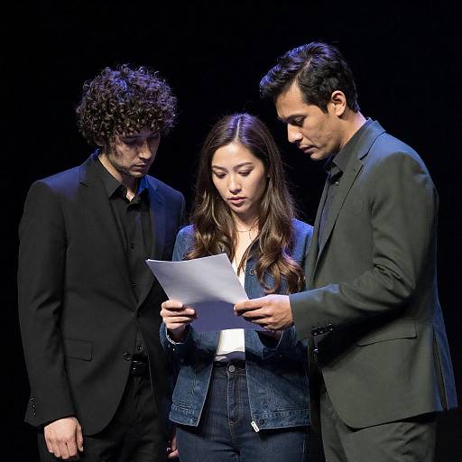Dimly Lit Trio Examining Document
