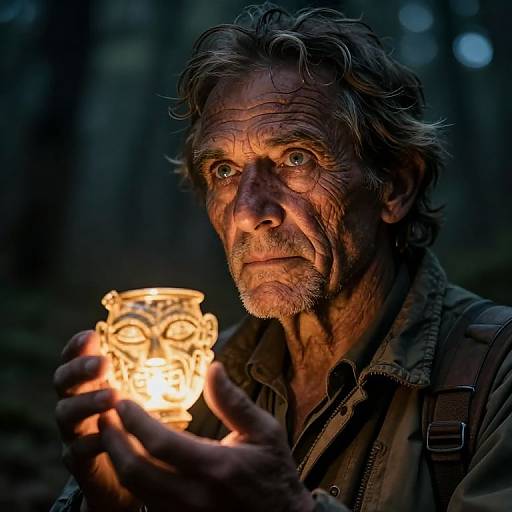 Photograph of a rugged, elderly man with wavy gray hair and beard, illuminated by a glowing, ornate glass jar in a dark forest.