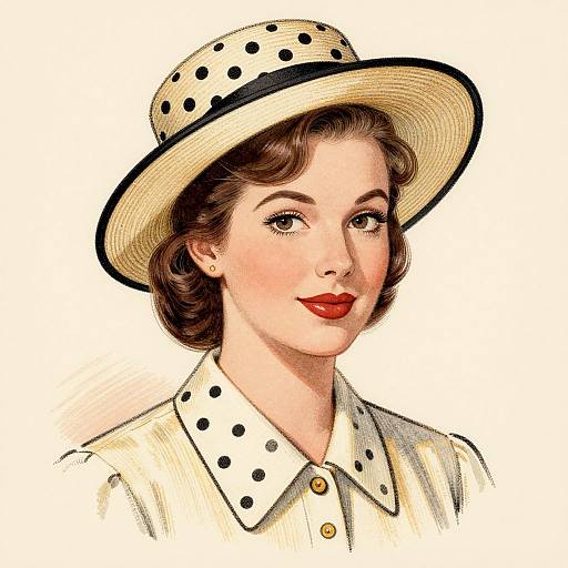 Vintage-style illustration of a fair-skinned woman with red lipstick, wearing a white polka dot hat and matching shirt, smiling gently.