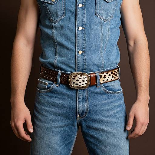 Photograph of a man's torso in blue denim shirt and jeans, brown leather belt with gold buckle and hole pattern, white buttons, dark background.